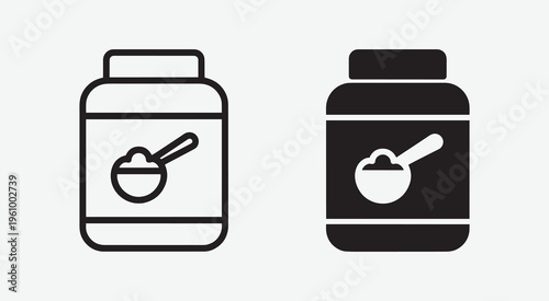 Protein Powder Jar with Scoop Icon Set  Fitness Supplement Container Line and Solid Vector
