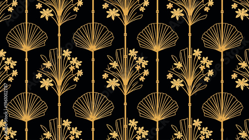 Elegant dark seamless art deco pattern featuring abstract geometric floral motifs in gold for luxury vintage wallpapers and sophisticated textile fabrics.