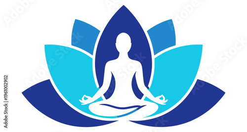 Silhouette Person Meditating in Lotus Pose with Blue Lotus Flower Symbolizing Serenity and Balance