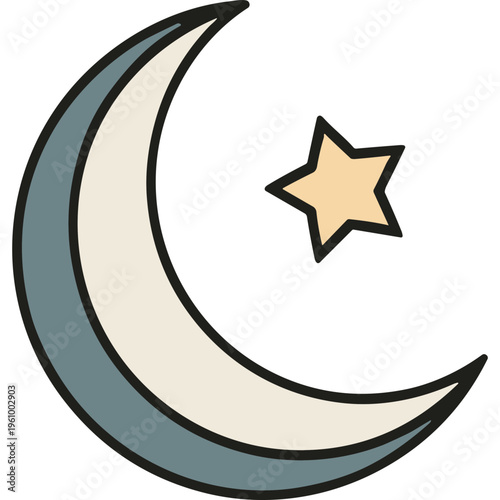 A crescent moon shines brightly with a star in the night sky.