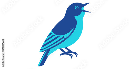 Small Blue Bird Singing Open Mouth Isolated White Background Minimalist Flat Design