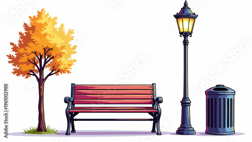 Flat vector illustration of a lonely park bench under an autumn tree with falling leaves for melancholic seasonal landscape design and peaceful concepts.