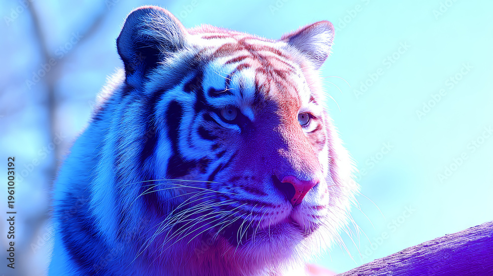 Obraz premium Majestic tiger portrait with artistic blue and purple lighting