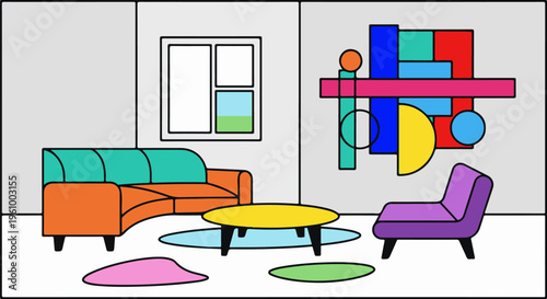 Colorful abstract modern living room with sofa, chair, coffee table, and art