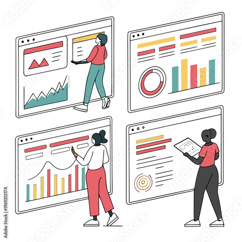 Illustration of people analyzing data on large computer screens with graphs and charts