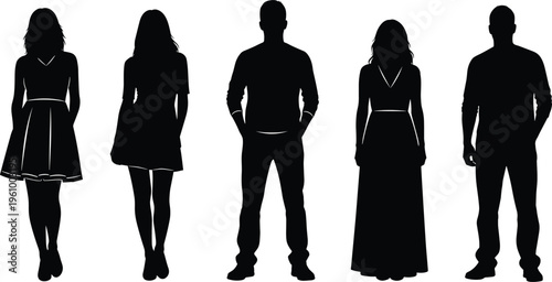People silhouettes set featuring men and women standing in casual poses isolated on light background for character design, lifestyle illustration and social concept graphics