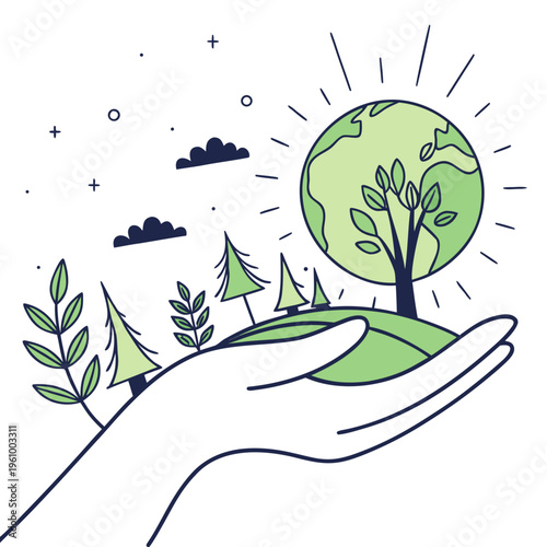A hand holding a green hill with a tree and earth surrounded by plants and sun rays