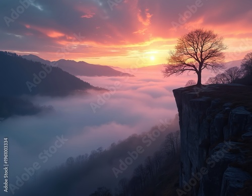 Bare tree on cliff edge above cloud sea at vibrant sunset. Mountain range and sky glow with pink orange colors. Peaceful dawn over foggy valley.