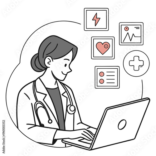Female doctor using a laptop with medical icons floating nearby
