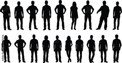 People silhouettes collection featuring men and women standing in various casual poses isolated on light background for character design, crowd illustration and lifestyle graphics