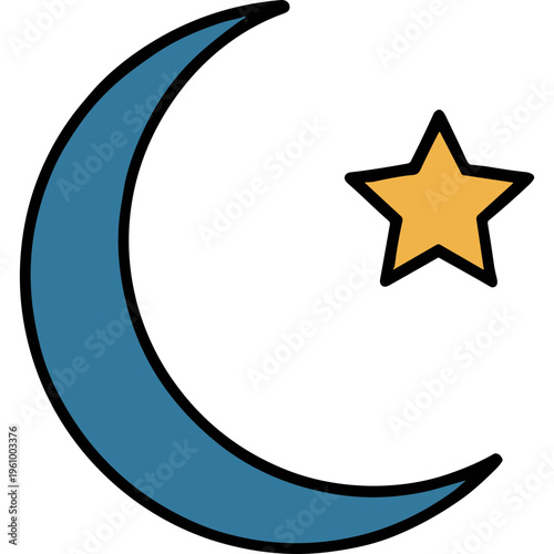 A crescent moon shines brightly with a star in the night sky scene