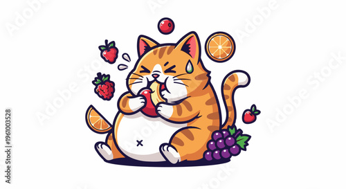 Chubby tabby cat enthusiastically devouring a large fruit