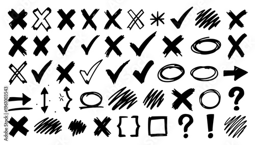 Hand drawn doodle vector set of correction marks in playful sketchy ink pen style with clean black outlines isolated on white background