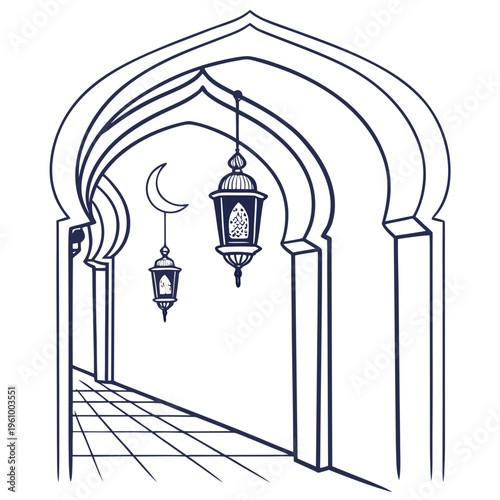 Islamic archway with hanging lanterns and crescent moon