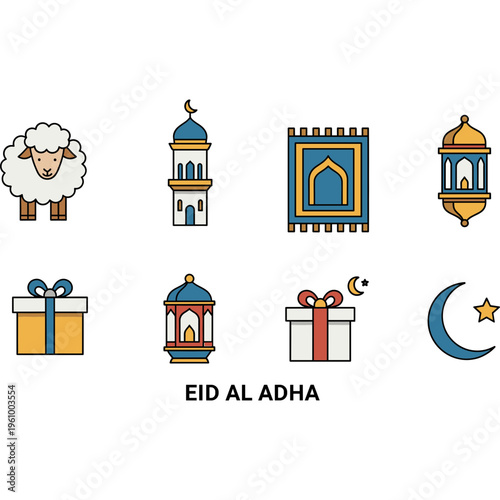 Eid Al Adha celebration icons with mosque, sheep, lanterns and gifts