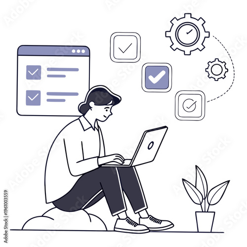 A person sitting with a laptop and checklists