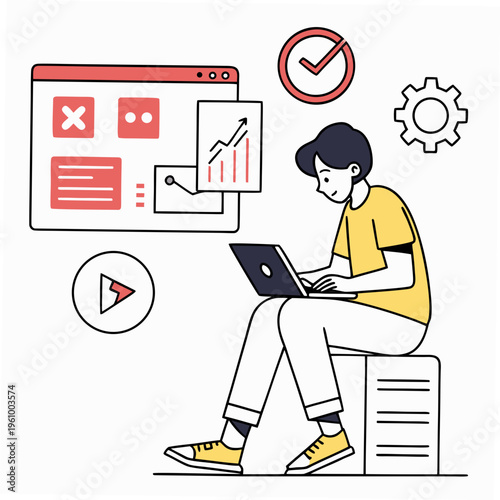 A person sitting and using a laptop with various digital icons around them