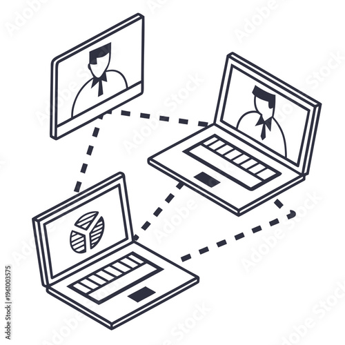 Line art laptops connected in a network with people on screens