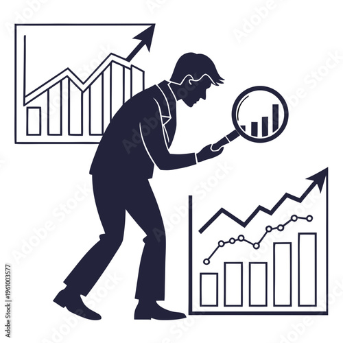 Businessman analyzing data with magnifying glass and graphs