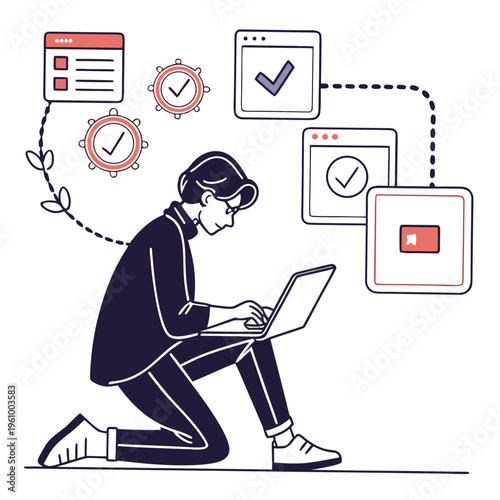 A man sitting on the floor working on a laptop with various icons around him