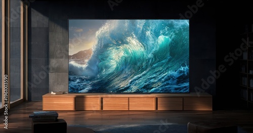 Large screen displays a vibrant ocean wave scene indoors for entertainment