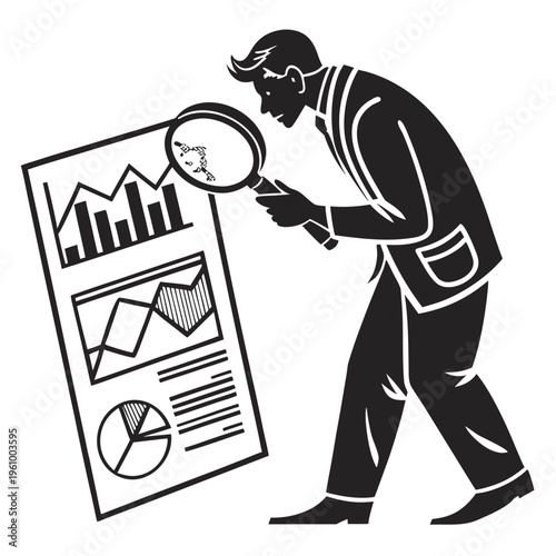 Businessman analyzing data with a magnifying glass on charts and graphs