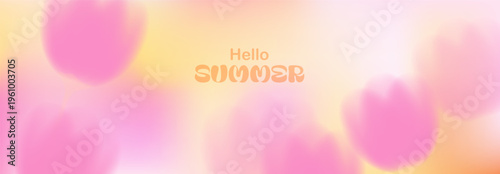 Blurred spring, summer flowers. Macro flowers. Pink, yellow soft colors. Blurry landscape with plants, tulips. Design for card, invitation, cover, post. Place for text.