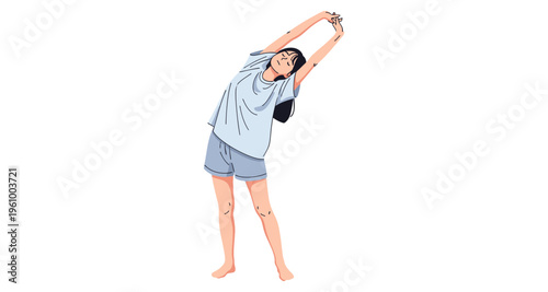 Young Woman Stretching Arms Upward in Casual Pajamas Relaxed Morning Routine Minimalist Style