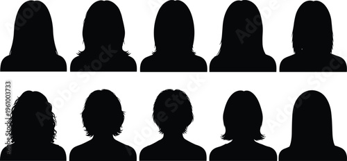 Set of female head silhouettes with various hairstyles including long, short and curly hair isolated on white background, women avatar collection, beauty and fashion concept