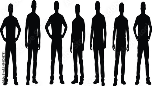 Set of male human silhouettes standing in different poses isolated on white background, casual people figures collection, full body men outline illustration concept