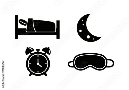 Essential collection of sleep and morning icons, perfect for illustrating concepts of nighttime rest, tranquil slumber, and daily wake-up routines in design