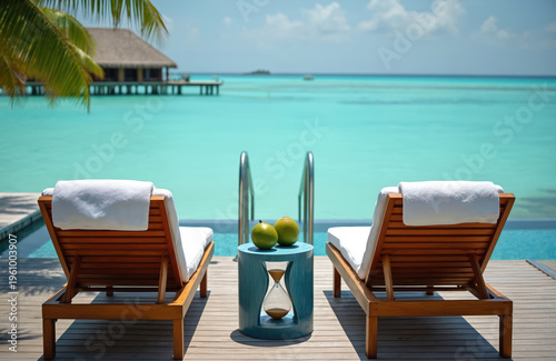 Two lounge chairs face turquoise ocean water at Maldivian resort villa. Wooden deck leads to private infinity pool. Palm tree branch overhangs scene, offering peaceful relaxation spot.