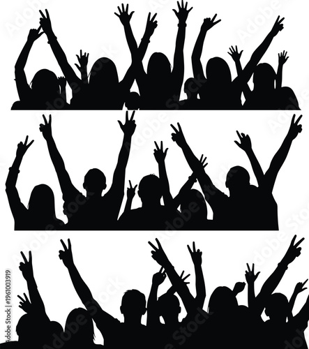 Silhouette of cheering crowd with raised hands showing victory and celebration gestures, diverse people group isolated on white background, party, concert, protest energy concept