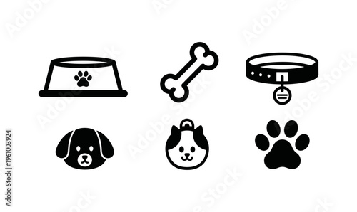 Collection of six simple icons depicting various dog-related items, including a food bowl, bone, collar, puppy face, and paw print, presented in black and white