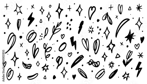 Hand drawn doodle vector set of decorative filler elements in natural minimal ink pen style with clean black outlines isolated on white background