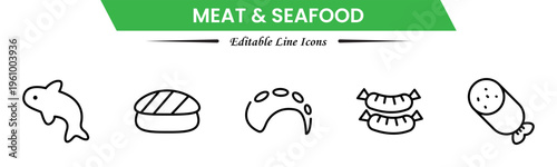 Meat and seafood icons depicting steaks, fish, shrimp, chicken, fillets, shellfish, cooking, grilling, freshness, protein, nutrition, butchery, cuisine, preparation, and ingredients.