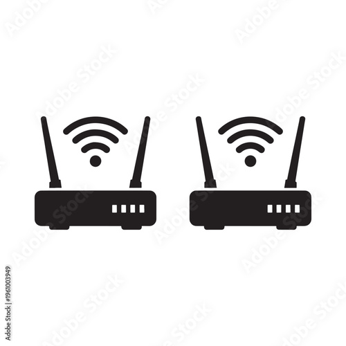 Two black wireless routers with signal icons presented in a flat style
