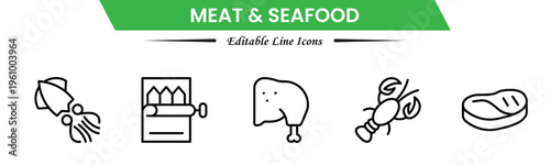 Meat and seafood icons depicting steaks, fish, shrimp, chicken, fillets, shellfish, cooking, grilling, freshness, protein, nutrition, butchery, cuisine, preparation, and ingredients.