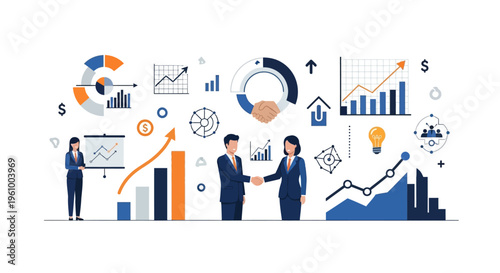Business professionals shaking hands amidst a backdrop of financial charts, graphs, and data visualization elements, symbolizing growth and collaboration.
