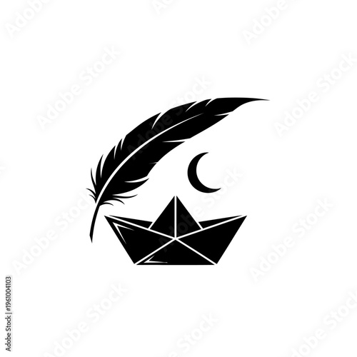 Black and white paper boat with feather and crescent moon silhouette