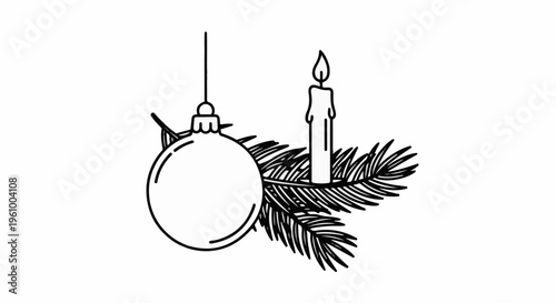 Christmas ornament hanging by a candle and pine branch