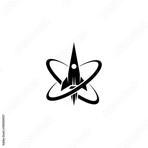 Black and white rocket ship icon surrounded by orbital rings on white