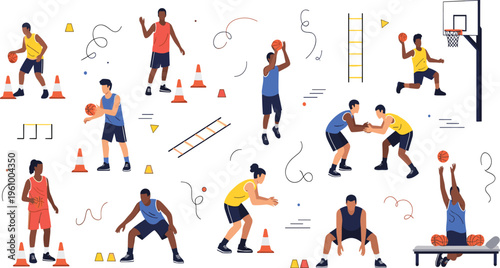 Basketball Training Drill Set Featuring Players Practicing Skills, Cones Exercises, and Coaching Activities for Sports Fitness and Team Development Projects.