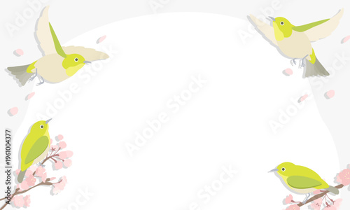 桜の花とメジロのイラストのフレームテンプレート/春の鳥と花