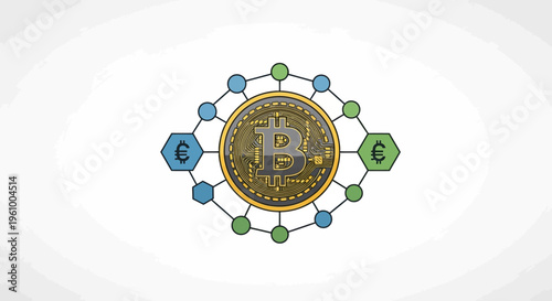 Digital currency network connecting global finance symbols including bitcoin euro and green finance icons representing decentralized economic growth