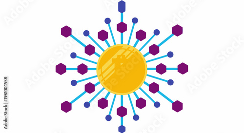 Abstract geometric design of a golden sunburst with radiating blue lines and purple hexagonal shapes, a vibrant and modern interpretation of energy and connection.