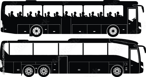 Tourist bus silhouettes collection featuring passenger travel coach vehicles isolated on light background for transportation design, travel illustration and public transport graphics