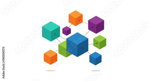 Isometric arrangement of colorful connected cubes representing data flow, network, or hierarchical structure. Digital graphic in flat design, clean presentation concept on a white background