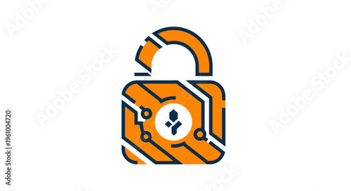 Abstract digital padlock icon, symbolizing cybersecurity, unlocked and showcasing motherboard circuit patterns within, representing online safety, data protection concepts, and technological