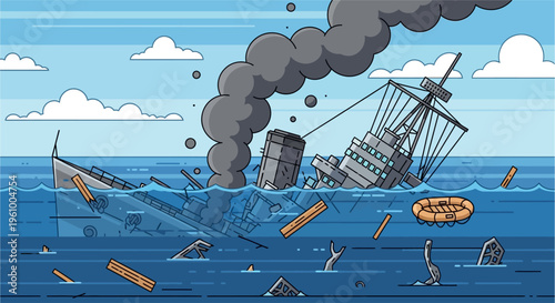 A cartoon illustration of a large ship sinking in the ocean, with black smoke billowing and debris floating around.